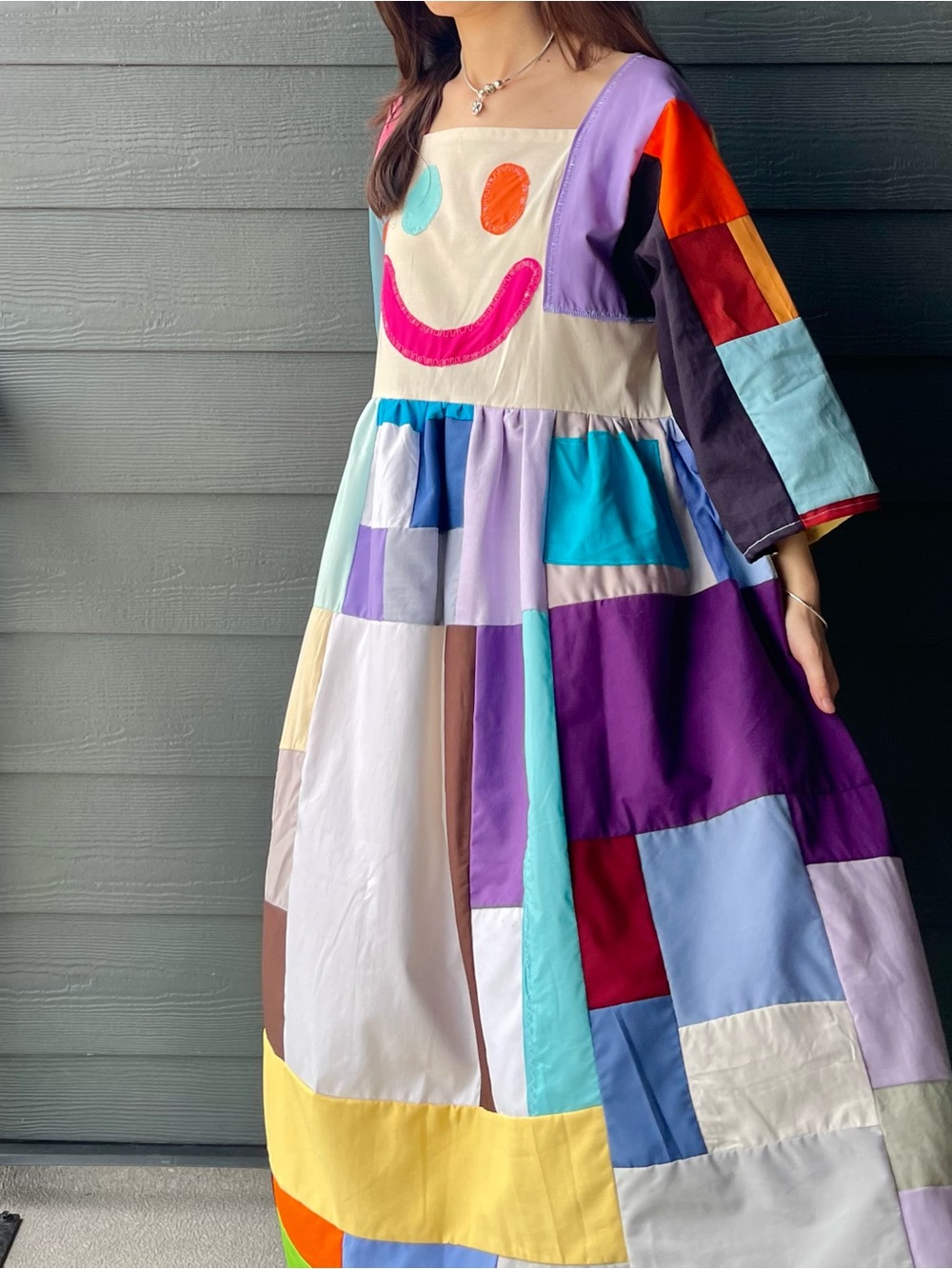 HAPPY FACE SAD FACE | Handmade Quilt Patchwork Moody Dress SKU 06305 Vibrant - Picture 13 of 16